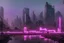 Placeholder: pos-apocalyptic cyberpunk city with destroyed buildings, a plubicity showing the number "2222", illuminated purple neon, dark, high contrast