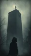 Placeholder: A tall building in the dark , all gray, a shadow of a creatures with hood looking at the house , foggy, blurry , dark and mysterious,painted antique canvas of a Risograph Art of a Art ,into the moody backdrop creates an atmosphere of enchantment and mystery high resolution fine detailed textures fine colors scratches, tears, burn marks, cracks in the paint in the mix style of Joan Miro Gabriel Pacheco, antique extreme canvas textured, blurry old style