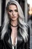 Placeholder: 39 year old pale skin Tattooed tomboy looks like model Paige Spiranac with long straight gray highlights hair and freckles wearing in a black leather 90,s coat black satin low-cut tight-leather shirt and and black leather trouser very necklaces silver very silver rings She is at an noctun street from harry potter dim lighting set the scene for her edgy, by night