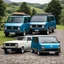 Placeholder: Legendary Cult Rigs – The Ultimate VW T3 & Caddy Fleet ShowcaseMillimeter-Precise Description: An absolute dream gathering celebrating German automotive heritage! Positioned on an elevated stone-paved overlook, a complete fleet of third-generation Volkswagen T3 Transporters (Vanagons) stands alongside two iconic VW Caddy Mk1 (Type 14D) models: Foreground (The Caddy Duo): Left: A pristine white VW Caddy Mk1 high-roof panel van featuring neat "Party-Service" side lettering. Right: A vibrant orange