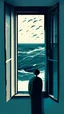 Placeholder: A person from the window of his room looks at the sea sadly in Abstract style