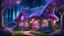 Placeholder: hobbit cottage in the woods surrounded by trees with fairy lights with a whimsical like feel, with pinks, blues, purple colors , illustration