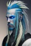 Placeholder: A tieffelin with blue skin and white Dreadlock hair. His pupil-less eyes are green. He wears a small beard. His horns are black and curved backwards. He wears a beige tunic.