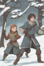 Placeholder: DnD style, two medieval peasant kids playing in the snow, female age 14 and male age 15, happy and playful, he has a short sword.