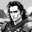 Placeholder: A portrait of Joaquin Phoenix in his early 30s, long beachy haircut, black hair, on a rocky island, in ebony armor from Skyrim, melancholic and dangerous facial expression, half-smiling, drawn in the style of ink manga sketch, black and white, sketchy