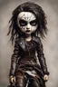 Placeholder: full color, illustration of a dark menacing leather clad motorcycle girl, tall and willowy , as a decayed, broken, crude homemade cloth doll toy, with a cracked porcelain face, thick dark eyebrows, hair made from ragged strips of cloth, in the style of Nadya Sheremet