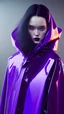 Placeholder: painting by koson ohara and marta bevacqua, portrait of a sensual beautiful goth woman with long black hair, wearing a plastic raincoat, purple neon lighting, 8k, high quality, highly detailed