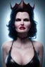 Placeholder: Geena Davis as evil queen in black leather, leather, busty, cleavage, angry, rage, stern look. character design by cory loftis, fenghua zhong, ryohei hase, ismail inceoglu and ruan jia. unreal engine 5, artistic lighting, highly detailed, photorealistic, fantasy