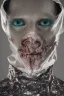 Placeholder: A realistic , 8k high quality image of a person's face from above, face is covered with a plastic, can't breath, suffocating with the face showing like vacuumed under the plastic, eyes open and looking in fear, metaphorically depicting the suffocating grip of anxiety, gothic and dramatic, chaos80 , with debree flying around, abstract