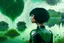 Placeholder: Photo of a skinny woman with a black bob hairstyle, in a green and silver android suit, looking at flying dandelion heads with octopus tentacles looking out over a lake, in an alien forest, with tall narrow cloud trees