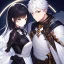 Placeholder: Girl with white hair wearing white robes. Boy with black hair wearing leather armor