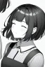 Placeholder: short hair girl, closed eyes, close-up, greyscale