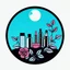 Placeholder: A circular logo designed for a cosmetics store with the symbol of the moon and turquoise and indigo colors and a blue and black circle decorated with cosmetics and nail polish, lipstick, body spray, body spray and rose leaves.