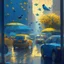 Placeholder: morning, window, umbrellas, people, rain, little birds, blue, flowers in the road, city, traffic, cars, sunlight, gold