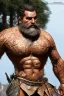 Placeholder: macho beefy strong turkish man sunbathing, sitted on an empty street, 52 years old, ripped tank top, wet, dirty, bullneck, hands behind the neck, bulging shorts, manly chest, very hairy, long beard, big shoulders, relaxed, photorealistic, well defined facial features, half figure photography, big nose, view angle from the ground