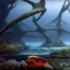 Placeholder: underwater forest and bridge at the bottom of a lake, school of fish, 8k Resolution, Fine-Detail, High-Quality, Intricate, Detailed Matte, 3d Octane Render, Beautiful, Stunning, Brian Froud, Selina French, Howard Lyon, Greg Rutowski, Annie Dittman, Annie Stokes