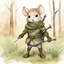 Placeholder: (anthropomorphic lark),small size, mouse guard insp, (blade of green grass sword), watercolor art. cute, winter forest on background, leather armour and straps, paper texture,