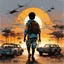 Placeholder: backview of a sunset scene 2 very young African boys walking fast with wire car toys armsembracing shirts and cargo shorts , sabstract beauty within the composition, square faces illuminated by the soft glow of moonlight, dynamic poses, a harmonious blend of Marc Padeu Carne Griffiths' detailed ink work with and Njideka Akunyili's concept of perfect form, captured in a highly detailed digital painting, smooth textures, sharp focus, greyscale palette