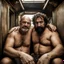 Placeholder: photography of two burly ugly chubby muscular sweat wet turkish farmers 46 years old man sitting embraced in the train, manly chest, hairy allover, relaxing, shirtless, big bulge, tattoo, broken teeth, tired, short beard, short curly hairs , view from below, photorealistic, side lights, Ground-Shot Angle