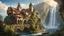 Placeholder: a medieval city at the foot of a waterfall at the end of a steep, narrow, 3.000 feet tall ravine. a masterpiece, fantasy concept art, dynamic lighting, hyperdetailed, intricately detailed, deep color, Unreal Engine, volumetric lighting, Epic cinematic brilliant stunning intricate meticulously detailed dramatic atmospheric maximalist digital matte painting