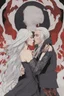 Placeholder: Strahd Von Zarovich, long black hair, being kissed on the mouth by a beautiful woman with white hair, wearing an off the shoulder dress. Settling and background are a lavish toomb with an ebony coffin.