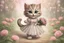 Placeholder: an anthropomorphic, kitten bride happily throwing a bouquet in a beautiful garden. The kitten has fluffy fur in shades of light brown and grey with distinct tabby markings on its face. Its large, expressive eyes are a deep emerald green and it has a small, pink nose. The kitten is wearing embroidered white lace bride dress, tulle, gemstones, pearls, adorning the hem and bodice. Behind her, a celebrating crowd, cats and people dressed in elegant clothes, wedding food and cake on the tables. Behin