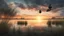 Placeholder: Hyper Realistic Beautiful Cloudy Sunset Lakeside with bird sitting on a tree-branch with tall grass whirling-on-wind showing dramatic & cinematic ambiance