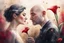 Placeholder: A beautiful brunette woman and a bald man with grey hair searching for the meaning of life and love, red calla lily flowers in sunshine, watercolor and black ink outlines, sparkling golden glitter, ethereal, cinematic postprocessing, bokeh, dof