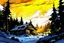 Placeholder: create ian ink wash and watercolor illustration of a rustic snowbound cabin at sunrise surrounded by deep drifts and overshadowed by looming trees in the mountains of the Pacific Northwest in the comic book art style of Mike Mignola, Bill Sienkiewicz and Jean Giraud Moebius, highly detailed, grainy, gritty textures, dramatic natural lighting