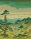 Placeholder: A bluish green arid stretch of land in a thunderstorm designed in medieval tapestry painted by Utagawa Hiroshige