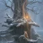 Placeholder: fantasy art of upper body of big wolf and wizard walking on very tight tree bridge over icy water