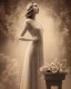 Placeholder: woman in 1930s gown standing near small table with flowers, gauzy white curtains, dreamlike, sepia photography, centered, 8k resolution, high-quality, fine-detail, intricate, detailed matte, volumetric lighting, photo-realistic, candles, translucent gown, illustration, 3D octane render, brian froud, howard lyon, selina french, anna dittmann, annie stokes, lisa parker, greg rutowski,