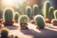 Placeholder: cacti garden, two cute fluffy chibi creatures, one kneeling and planting cacti, the other watching with arms folded in sunshine, ethereal, cinematic postprocessing, dof, bokeh