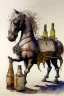 Placeholder: A rocking horse and bottled drinks by Jean-Baptiste Monge, watercolour and ink, extremely detailed, crisp quality, very attractive, fantastic view, award winning in sunshine