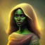 Placeholder: portrait, fantasy setting, woman, dark-skinned, indian, mèche de cheveux verte