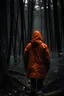 Placeholder: dark moody forest with person in orange jacket focus on person