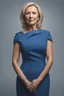 Placeholder: Powerful classical portrait of a modern blonde politician in her late 50s wearing a blue dress standing in a powerful position