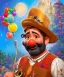 Placeholder: oilpainting, happy and funny old friendly clown with round head and trimmed beard playing jazz with a steampunk theme, trumpet on mouth, paintbrush and aisle, carnival, dreamy