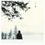 Placeholder: A polaroid photo of a group of fir trees in the background and a high hill in the distance. A lake. The surface below is in a pastel color. Odd dark person. Fog is present.