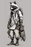 Placeholder: full body of an anthro raccoon thief, hooded, big backpack, post-apocalyptic, concept art sketch, blank background