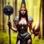 Placeholder: portrait cute female gladiator in gown and witch hat, holding big black metal ornament symbol bomb, in blurry golden forest