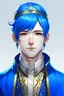 Placeholder: A white-skinned Korean person with blue hair, black eyes, and wearing a royal outfit HUMAN