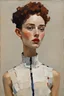 Placeholder: Euan Uglow oil impasto painting Portrait of beautiful female supermodel in egon schiele futuristic outfit