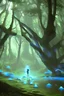 Placeholder: A teenage boy standing in the middle of the forest with wide eyes found a magic stone that glowed bright blue among the shady trees