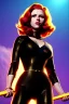 Placeholder: retro portrait image from 1960, explosion background, long red hair, young Scarlett Johansson, classic long black tight lycra suit, metal stick weapon, gold bracelet and belt, high heel boots, soft color, highly detailed, unreal engine 5, ray tracing, RTX, lumen lighting, ultra detail, volumetric lighting, 3d, finely drawn, high definition, high resolution.