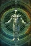 Placeholder: Human – Language – Computer. Leonardo da Vinci's Vitruvian man against the background of the matrix and the crumbling ones and zeroes. close-up of the surrounding area. Solid science fiction, high resolution