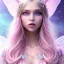 Placeholder: beautiful, soft, big smile face, whole head, long straight blonde hair blues eyes, crown on the head, clothing in transparent bluish and pink veil,fairy wings on the back, background brillante bluish and pink, hight definition, 8K