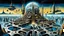Placeholder: a stunningly weird image of a futuristic metropolis using Salvador Dali's paranoiac-critical method, where buildings and structures appear to melt into the skyline cityscape is filled with floating mad, twisted sharp metal shapes that interact with the buildings and each other, forming a surreal tableau of a dreamlike reality. neu-steampunk vibe, essence of the scene in a cinematic manner, with dramatic shadows that enhance the distorted perspectives and bizarre