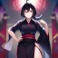 Placeholder: Clear focus, High resolution, Black hair, low small ponytail, purple dead eyes, japanese outfit, serious expression, one arm on hip, other hand free, purple red white and black outfit, short skirt, split in skirt, ahoge, (solo), hair between eyes,