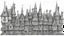 Placeholder: A highly detailed front elevation line drawing of a row of crooked fantasy houses, with twisted tall chimneys, rooms and floors added to sides and roofs, like Harry Potter's Diagon Alley.